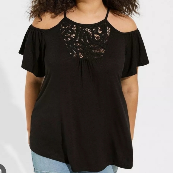 Torrid Casual Super Soft Slub High Neck Black Crochet Cold Shoulder Top XL - Picture 1 of 11